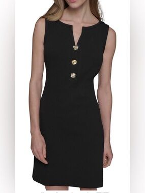 Karl Lagerfeld Women's Black Sleeveless Gold Buttoned Dress Size 16